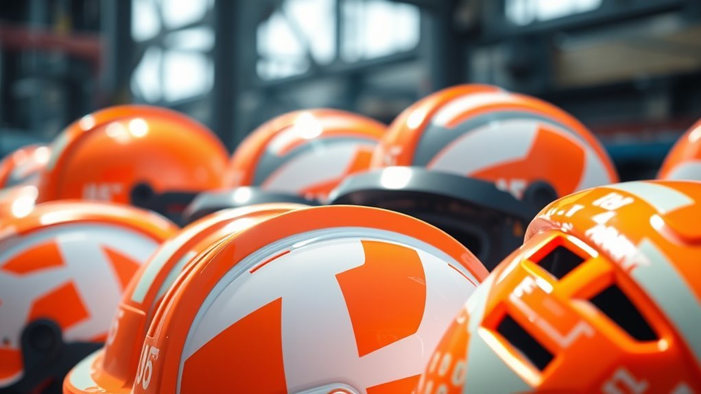 orange and white helmets