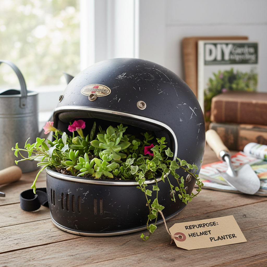 Repurpose as a Planter - what to do with old motorcycle helmet